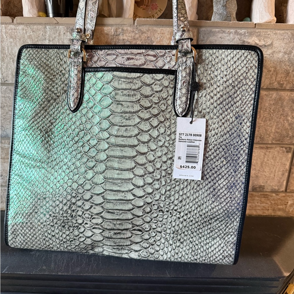 Brahmin Mullberry Potion Elegant Snakeskin Patterned Tote Bag - Picture 2 of 7